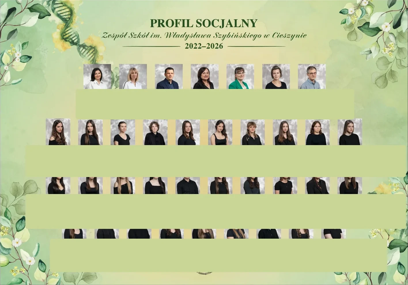 Zielony projekt tabli szkolnej z zamaskowanymi nazwiskami